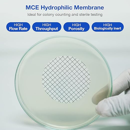 SimPure MCE Gridded Membrane Filter Sterile, 47mm Diameter and 0.45um Pore Size, Individual Pack Membrane Disc Filter, Hydrophilic Filter Paper, Pack of 1000
