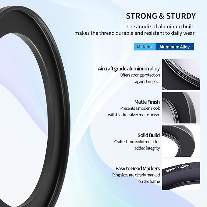 52-82mm Step-Up Ring Adapter, 52mm to 82mm Step Up Filter Ring for 52mm Lens Mount 82mm for DSLR Lenses and ND UV CPL IR Filters （52-82mm）