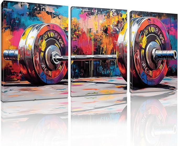 sawjug Gym Barbell Wall Decor, Colorful Graffiti Canvas Wall Art, Gym Motivational Wall Art, Colorful Pictures Wall Decor, Wall Painting for Living Room, Bedroom (16" x 24" x 3 pcs)