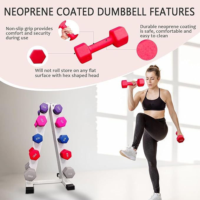 6-10 Pair Iron and Rubber Dumbbell Set 350/450 and 550 lbs 5-50 lbs Hand Free Weight for Strength Hex Coated Weights with Vertical Storage Rack Home Gym 5-50 lb - Black