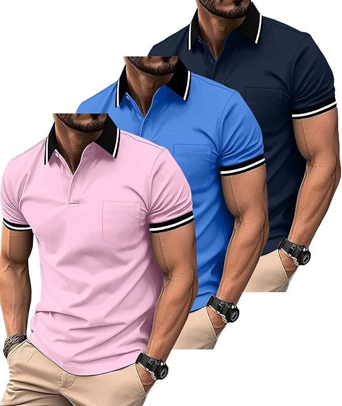 ZITY 3 Pack Men Polo Shirts Short Sleeve with Pocket Sport Wicking Shirts for Men Casual Athletic Collared T-Shirts