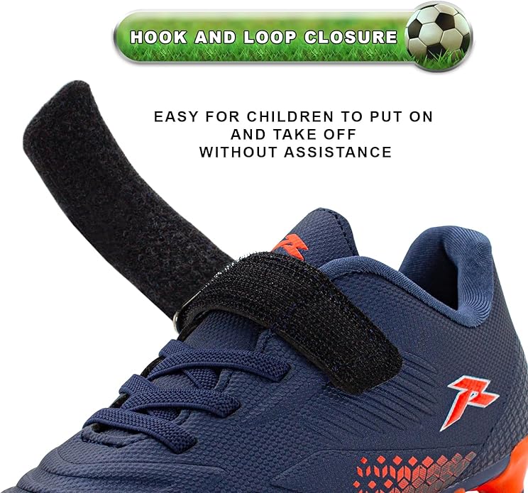 RUNIC Kids Soccer Cleats for Boys and Girls - Small and Big Kid Athletic Outdoor Football Shoes - Firm Ground - Hook and Loop Closure - Black/Gold