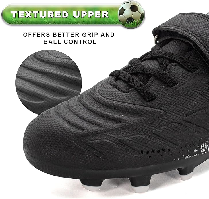 RUNIC Kids Soccer Cleats for Boys and Girls - Small and Big Kid Athletic Outdoor Football Shoes - Firm Ground - Hook and Loop Closure - Black/Gold