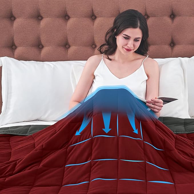 yescool Weighted Blanket for Adults (12 lbs, 60" x 80", Red Grey) Cooling Heavy Blanket for Sleeping Perfect for 110-130 lbs, Queen Size Breathable Blanket with Premium Glass Bead, Machine Washable