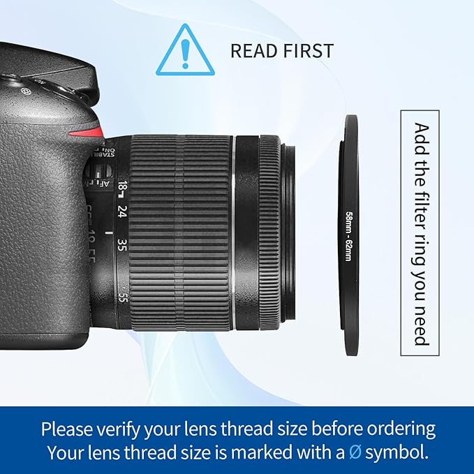 58-62mm Step-Up Ring Adapter, 58mm to 62mm Step Up Filter Ring for 58mm Lens Mount 62mm for DSLR Lenses and ND UV CPL IR Filters （58-62mm）