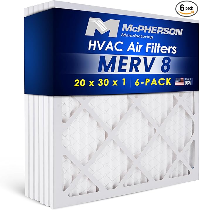 20x30x1 Air Filters, MERV 8 Pleated HVAC AC Furnace Filter Replacement, For Home and Commercial Use, Dust, Pet, & Lint, Made In USA, Easy Install (6 Pack)