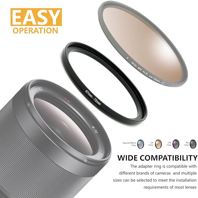 62mm to 72mm Step Up Ring Filter Adapter Black Metal Step up Adapter Rings Compatible with All Brand UV CPL ND Camera Lens Filter Step Down Ring (62mm-72mm)