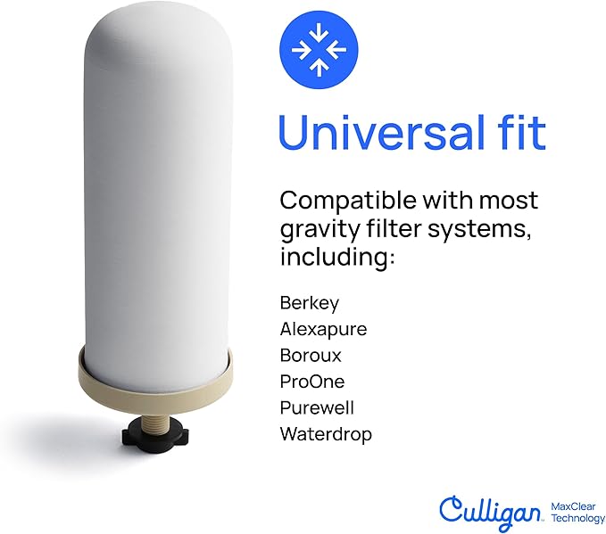 Culligan MaxClear 7” Gravity Water Filter Replacement Compatible with ProOne & Berkey Water Filter Systems, Ceramic & Carbon Filter NSF/ANSI Certified, Reduce Total PFAS, Microplastics & Lead, 4-Pack