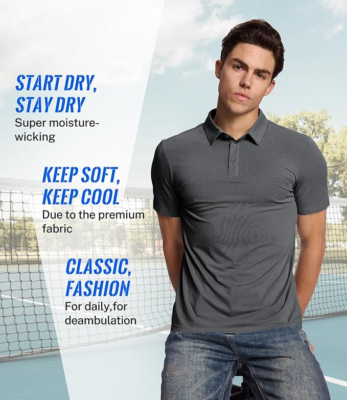 BAMBOO COOL Men's Polo Shirts Slim Fit Moisture Wicking Golf Shirts Performance Short Sleeve for Men
