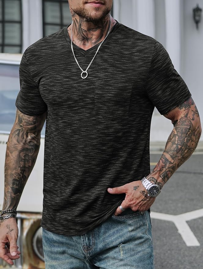 Men's V Neck T Shirts Casual Stylish Fitted Stretch Tee Shirt with Pocket (S-3XL)