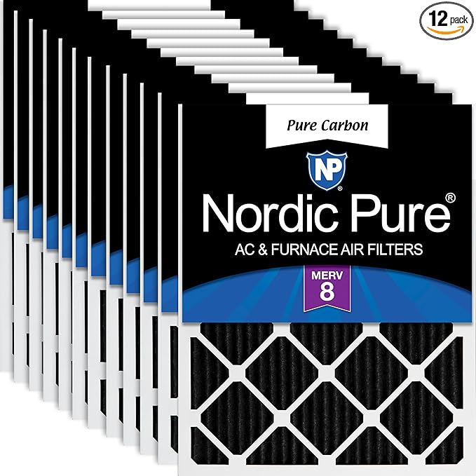 Nordic Pure 16x16x1 (Actual Size: 15 3/4 x 15 3/4 x 3/4) Pure Carbon Pleated Odor Reduction Furnace Air Filters 12 Pack