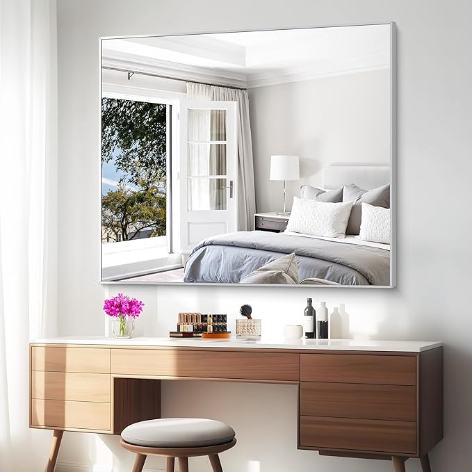 Silver Bathroom Mirror,40x48 inch Wall Mirror for Bathroom Wall Mounted,Large Rectangle Mirror for Bathroom Over Sink,Modern Metal Frame for Living Room,Bedroom Entryway,Horizontal/Vertical
