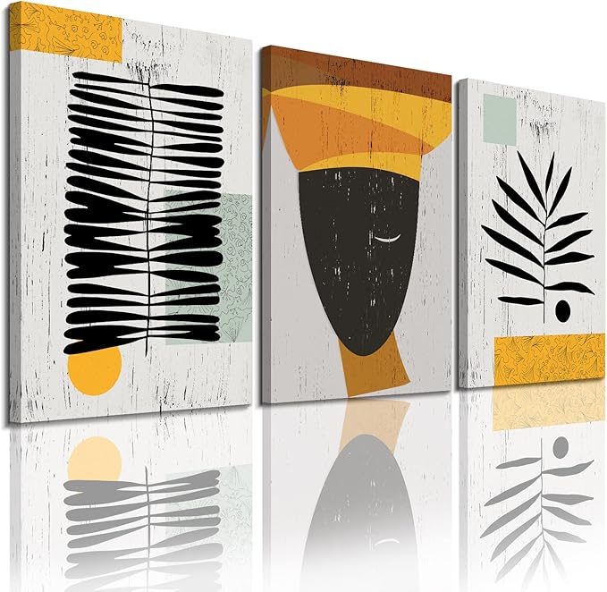 Framed Canvas Wall Art African Ethno Motive Wall Art Set, Abstract Ethno Art, African American Woman Portrait, Black Orange Print, Contemporary Collage, Minimalist (S-3pcs,20x30inchx3pcs)