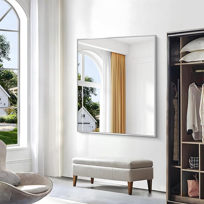 Silver Bathroom Mirror,40x48 inch Wall Mirror for Bathroom Wall Mounted,Large Rectangle Mirror for Bathroom Over Sink,Modern Metal Frame for Living Room,Bedroom Entryway,Horizontal/Vertical