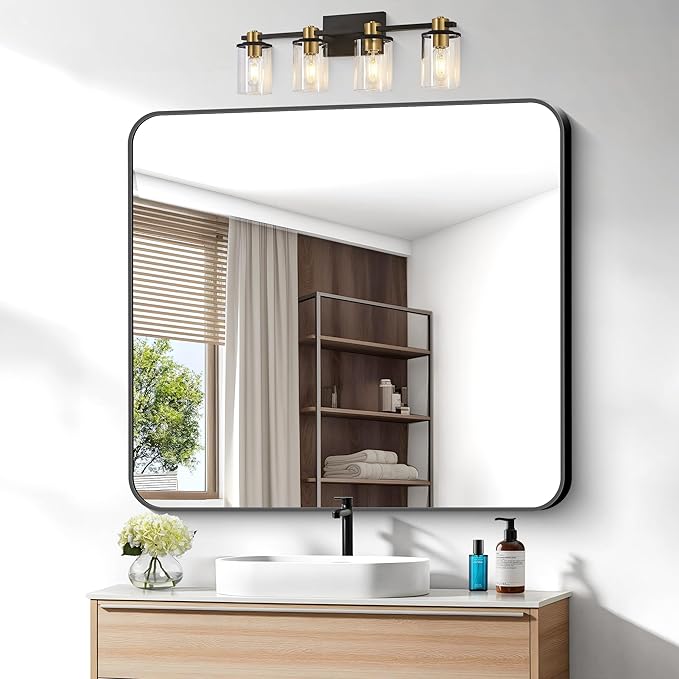 36x40 inch Bathroom Mirror,Black Rectangle Mirror,Wall Mounted Bathroom Frame Vanity Mirror with Round Corner for Bedroom Living Room,Entryway Hangs Horizontal or Vertical