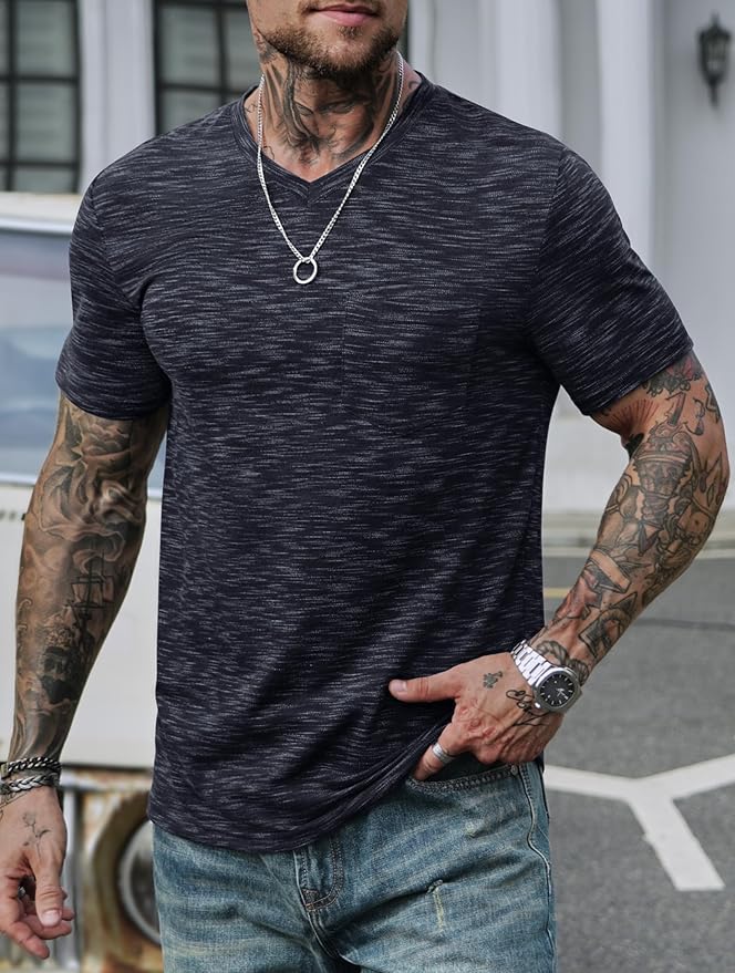 Men's V Neck T Shirts Casual Stylish Fitted Stretch Tee Shirt with Pocket (S-3XL)