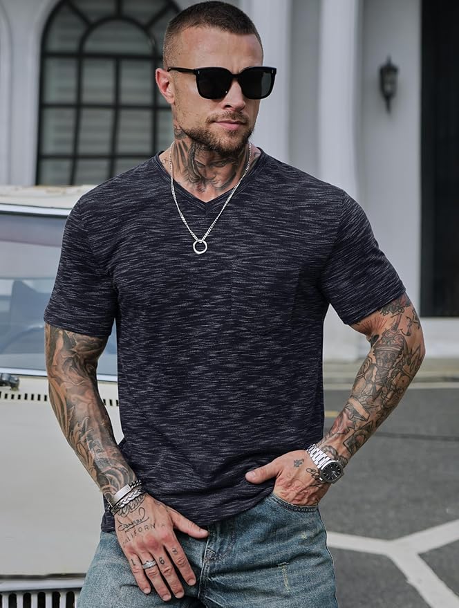 Men's V Neck T Shirts Casual Stylish Fitted Stretch Tee Shirt with Pocket (S-3XL)