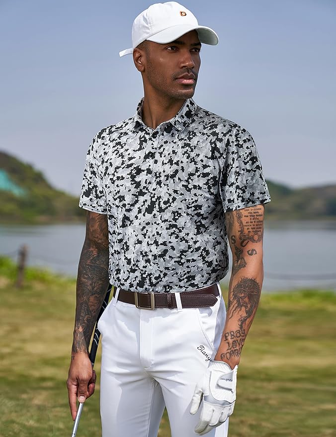 TAPULCO Mens Quick Dry Polo Shirts Camouflage Pattern Performance Athletic Lightweight Breathable Casual Golf Tshirts