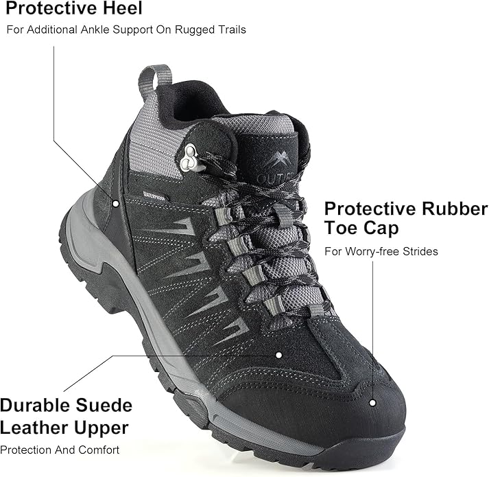 Men's Waterproof Hiking Boots Lightweight Comfortable Leather Mid Ankle Outdoor Trekking Boot