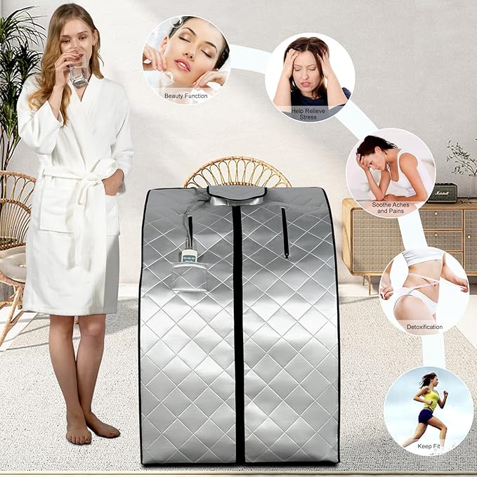 Smartmak Far Infrared Sauna, Full Body One Person SPA Set with Portable Time & Tempreture Remote Control, Heating Foot Pad and Foldable Reinforced Chair(L 27.6’’ x W 31.5’’ x H 37.8’’) - Black Border