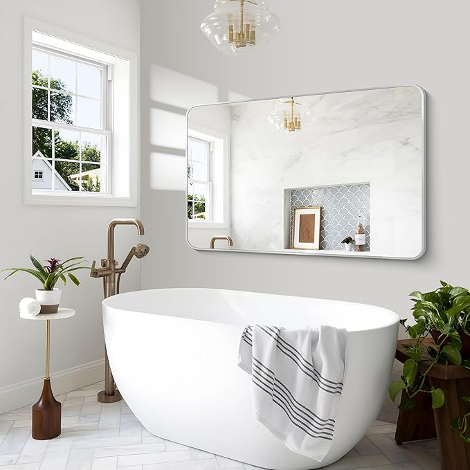 Silver Bathroom Mirror,55x36 inch Wall Mirror for Bathroom Wall Mounted,Rectangle Mirror for Bathroom Over Sink,Modern Frame Round Corner for Living Room,Bedroom Entryway,Horizontal/Vertical