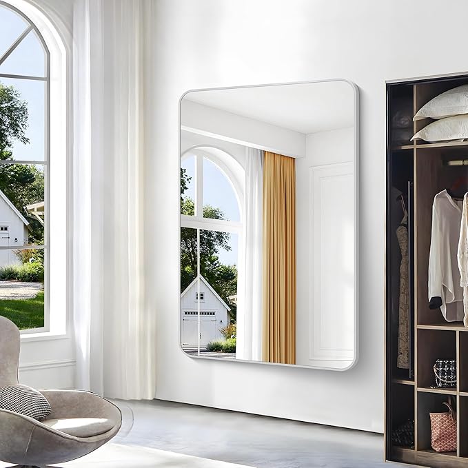 Silver Bathroom Mirror,60x40 inch Wall Mirror for Bathroom Wall Mounted,Rectangle Mirror for Bathroom Over Sink,Modern Frame Round Corner for Living Room,Bedroom Entryway,Horizontal/Vertical