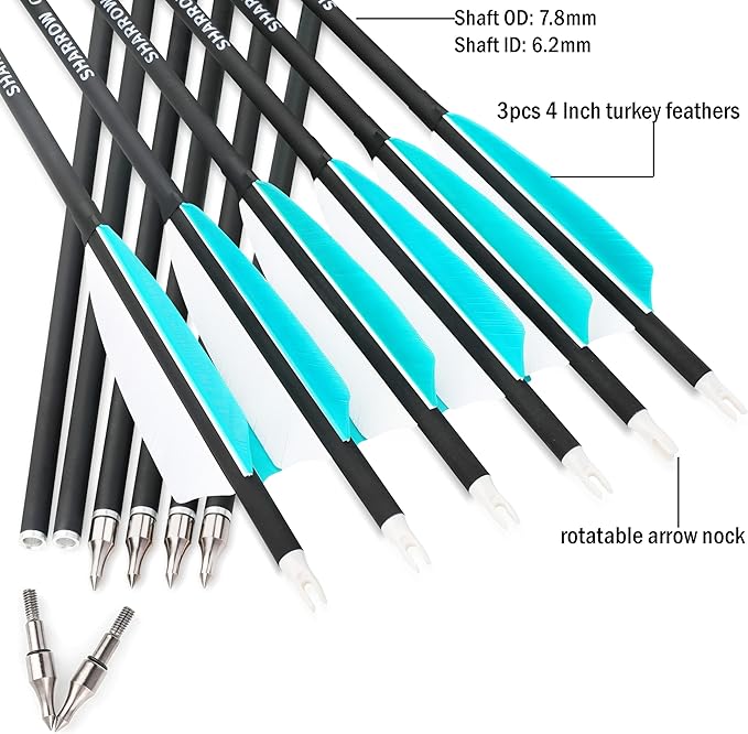 ZSHJGJR 30 Inch Archery Carbon Arrows Hunting Arrows with 4” Turkey Feather Target Practice Arrows Spine 500 for Compound & Recurve &Traditional Bow 6/12pcs