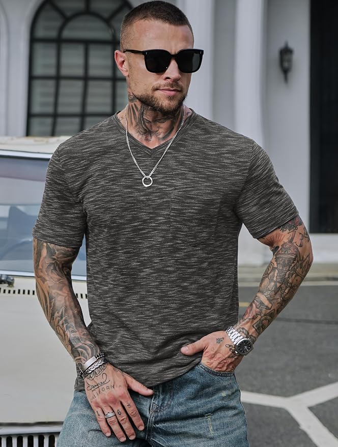 Men's V Neck T Shirts Casual Stylish Fitted Stretch Tee Shirt with Pocket (S-3XL)