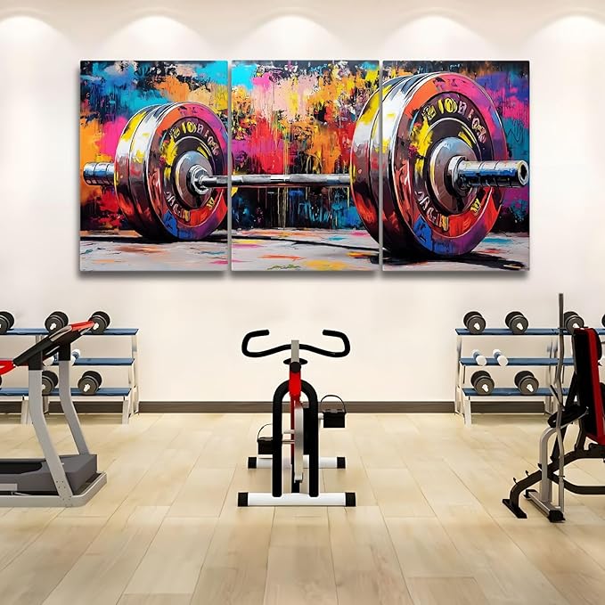 sawjug Gym Barbell Wall Decor, Colorful Graffiti Canvas Wall Art, Gym Motivational Wall Art, Colorful Pictures Wall Decor, Wall Painting for Living Room, Bedroom (24" x 36" x 3 pcs)