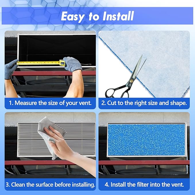Air Vent Filter Kit - 20" x 90" Cut to Fit Air Filter Materials MERV 8 Electrostatic Media Roll for Home Floor, Ceiling, AC, HVAC, RVC Furnace Vents, With 48PCs Adhesive Hook Tape