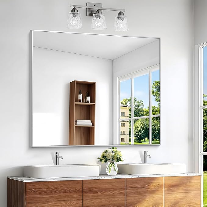 Silver Bathroom Mirror,40x48 inch Wall Mirror for Bathroom Wall Mounted,Large Rectangle Mirror for Bathroom Over Sink,Modern Metal Frame for Living Room,Bedroom Entryway,Horizontal/Vertical