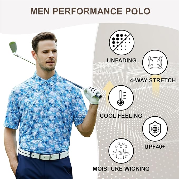 Damipow Premium Golf Shirts for Men Dry Fit Performance Polo Short Sleeve Collared Shirt