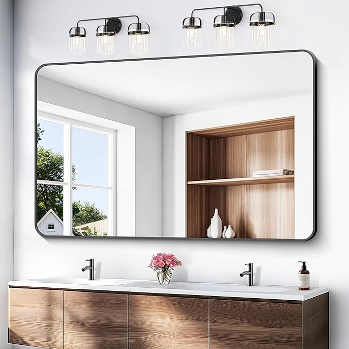 Black Bathroom Mirror,60x40 inch Wall Mirror for Bathroom Wall Mounted,Rectangle Mirror for Bathroom Over Sink,Modern Frame Round Corner for Living Room,Bedroom Entryway,Horizontal/Vertical