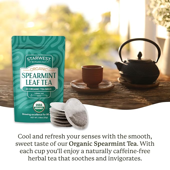 Starwest Botanicals Organic Spearmint Leaf Tea - Caffeine Free Herbal Tea, Promotes Calm, USDA Organic Spearmint Leaf, String Free Sachets, Non GMO - 20 Tea Bags