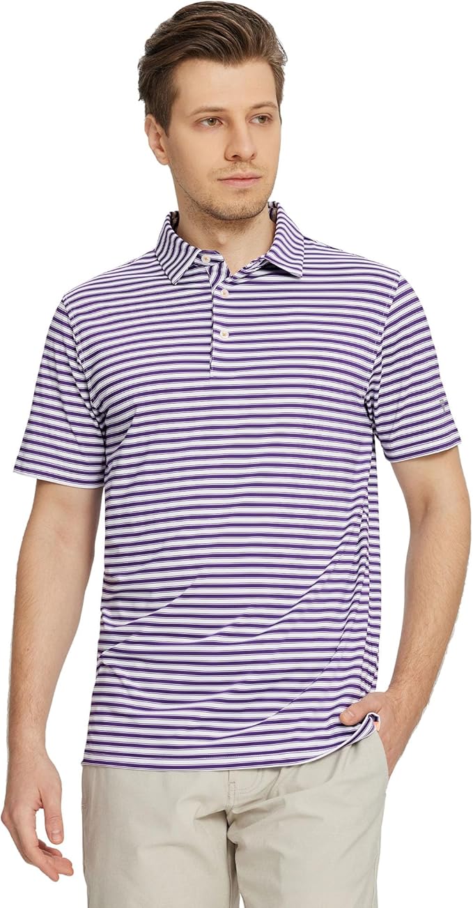 M MAELREG Golf Shirts for Men Short Sleeve Dry Fit Casual Striped Performance Moisture Wicking Collared Mens Polo Shirts