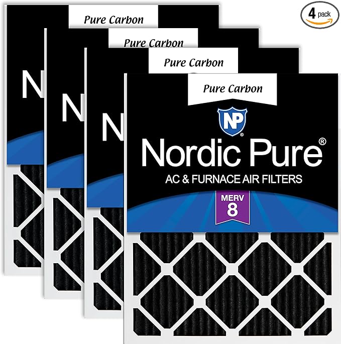 Nordic Pure 25x25x1 (Actual Size: 24 1/2 x 24 1/2 x 3/4) Pure Carbon Pleated Odor Reduction Furnace Air Filters 4 Pack
