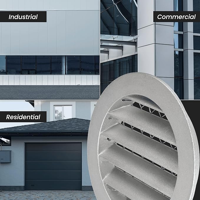 4" Gray Vent Cover - Aluminum - Industrial Round Air Vent Louver - Metal Soffit Vent with Screen - Mesh - Round Vent Grille for House Or Garage Wall- (4" Inch, Gray)