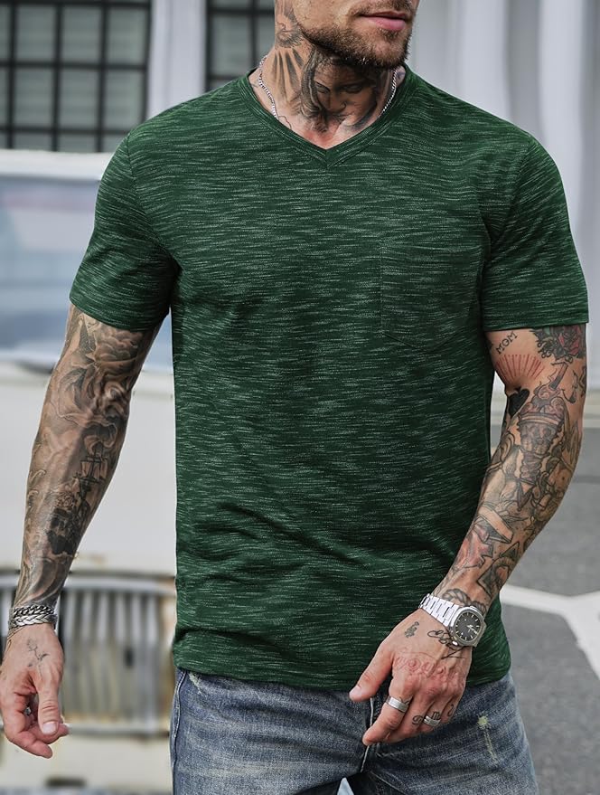 Men's V Neck T Shirts Casual Stylish Fitted Stretch Tee Shirt with Pocket (S-3XL)