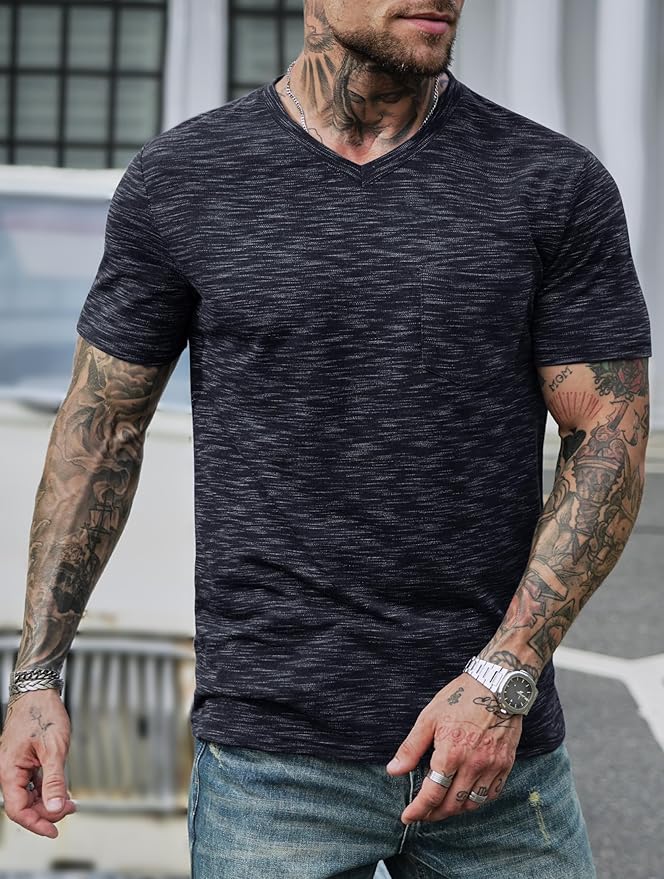 Men's V Neck T Shirts Casual Stylish Fitted Stretch Tee Shirt with Pocket (S-3XL)