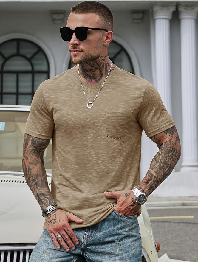 Men's V Neck T Shirts Casual Stylish Fitted Stretch Tee Shirt with Pocket (S-3XL)