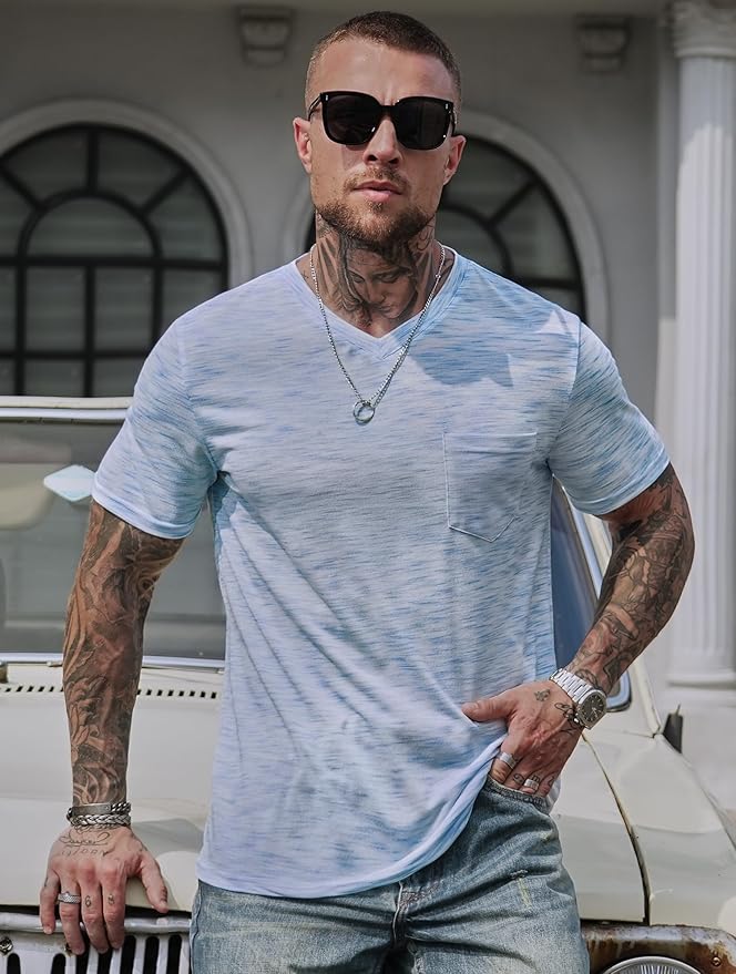 Men's V Neck T Shirts Casual Stylish Fitted Stretch Tee Shirt with Pocket (S-3XL)