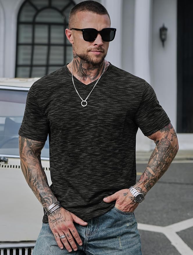Men's V Neck T Shirts Casual Stylish Fitted Stretch Tee Shirt with Pocket (S-3XL)
