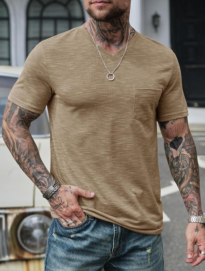 Men's V Neck T Shirts Casual Stylish Fitted Stretch Tee Shirt with Pocket (S-3XL)