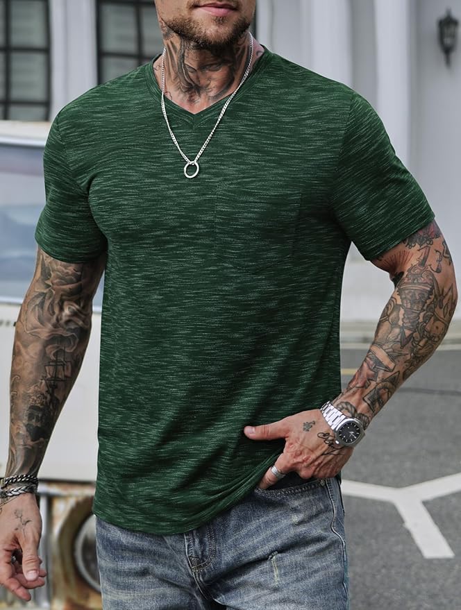 Men's V Neck T Shirts Casual Stylish Fitted Stretch Tee Shirt with Pocket (S-3XL)