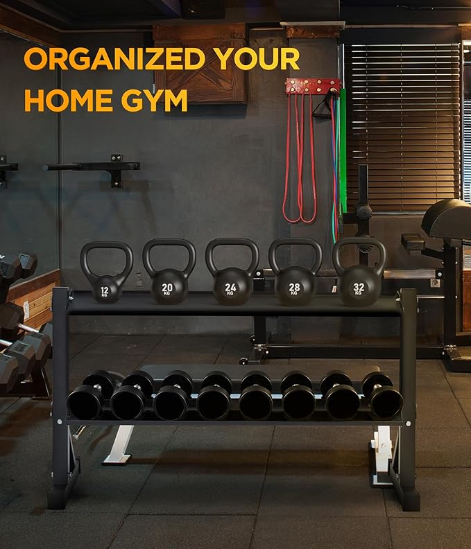 2-Tier 48" Dumbbell and Kettlebell Rack for Home Gym, 1000LBS Weights Storage for Free Weights, Dumbbells, Kettlebells and Medicine Ball