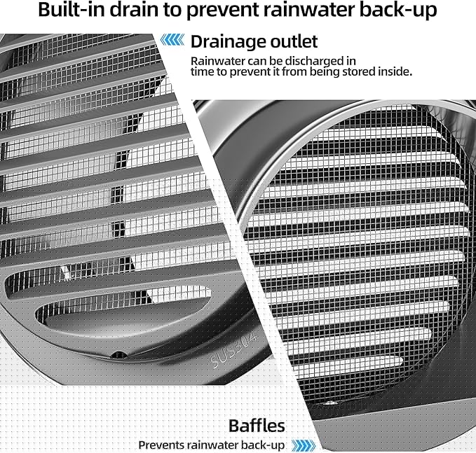 6" in Heavy Duty Thickened 304 Stainless Steel Air Vent Cover Louvered Grille Cover Vent Hood Flat Ducting Ventilation Air Vent Wall Air Outlet with Fly Screen Mesh for House (6inch-150mm Flat Black)
