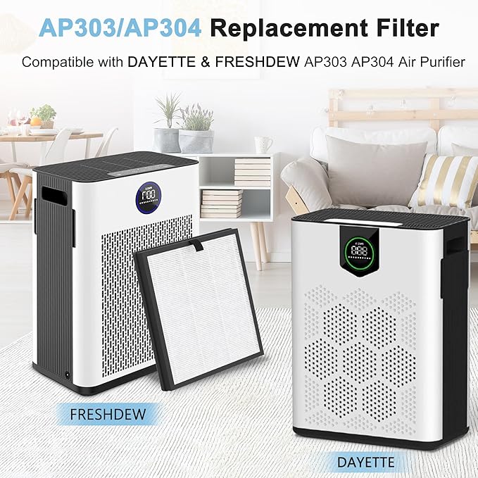 AP303 AP304 Replacement Filters, Compatible with DAYETTE ＆ FRESHDEW Air Purifier AP303/AP304, H14 HEPA Filter with Activated Carbon, 2 Pack (Original Filter)