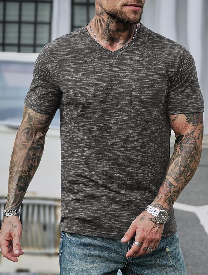 Men's V Neck T Shirts Casual Stylish Fitted Stretch Tee Shirt with Pocket (S-3XL)
