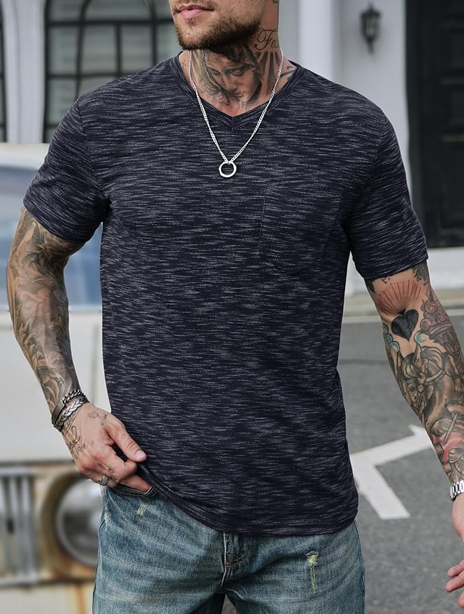 Men's V Neck T Shirts Casual Stylish Fitted Stretch Tee Shirt with Pocket (S-3XL)