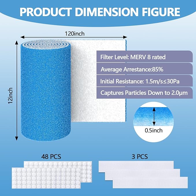 12" x 120" Air Vent Filters, with 48Pcs Adhesive Hook Tape, Cut to Size Air Filter Material HVAC Furnace Filters Kit MERV 8 Triple Vent Filter for Home Floor Register, Ceiling, Grilles